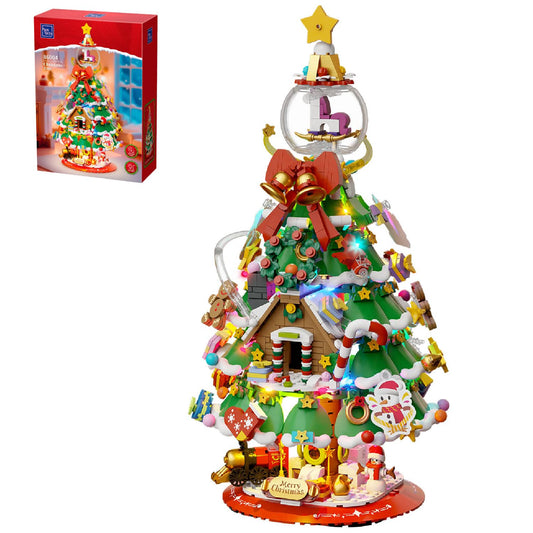 PANTASY Christmas Tree Building Block Set,Large Holiday Model with Built-in LED Lights,Crystal Ball Topper, Vintage Train,Snowman,Gingerbread House & Mini Ornaments,Festive Decoration for Adults&Kids