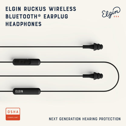 Elgin Ruckus Wireless Bluetooth Earplug Headphones, 25 dB Noise Reduction Ear Plug Earbuds, Noise Cancelling Mic, 12 Hour Battery, IP65 sweatproof, OSHA Compliant Hearing Protection, Work Safety