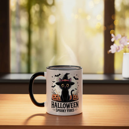 Halloween Spooky Vibes Cat Cute Black Witch Coffee Lover Ceramic Mug, Black/White