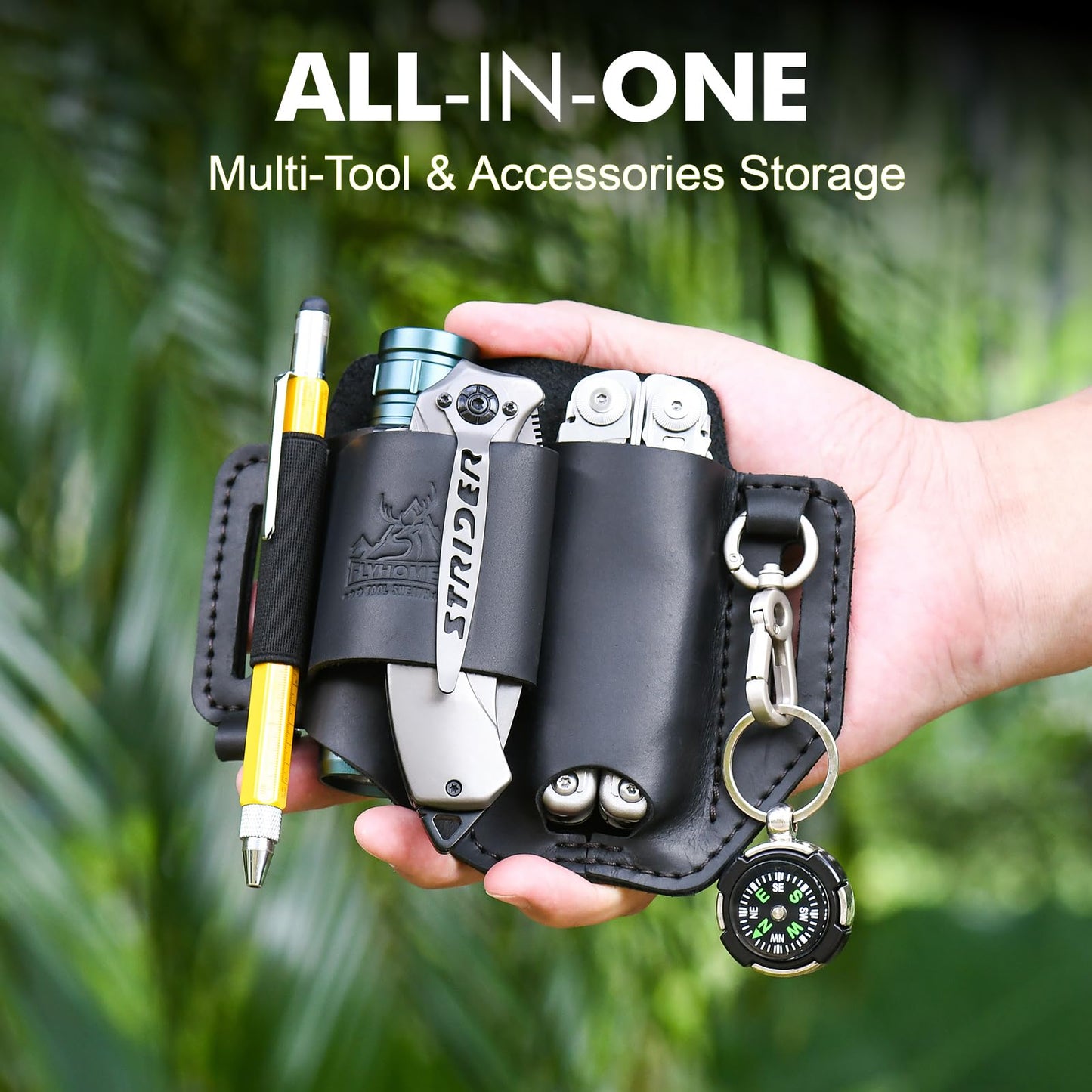 FLYHOMES Genuine Leather Multitool Sheath | Handmade Stitched EDC Belt Organizer for Leatherman Surge | Flashlight, Knife Holster, Pen & Tools Pouch | Black (Large)