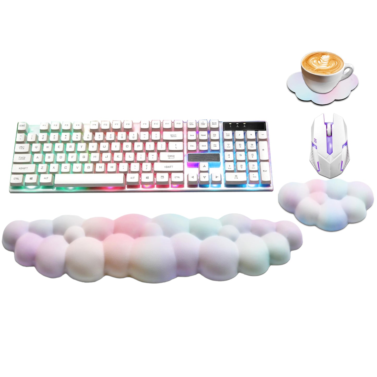 Cloud Wrist Rest Keyboard, PU Leather Memory Foam Wrist Support for Computer Keyboard, Ergonomic Keyboard Pad and Cute Mouse Wrist Pad for Gaming, Office, Computer, Easy Typing Pain Relief, Rainbow