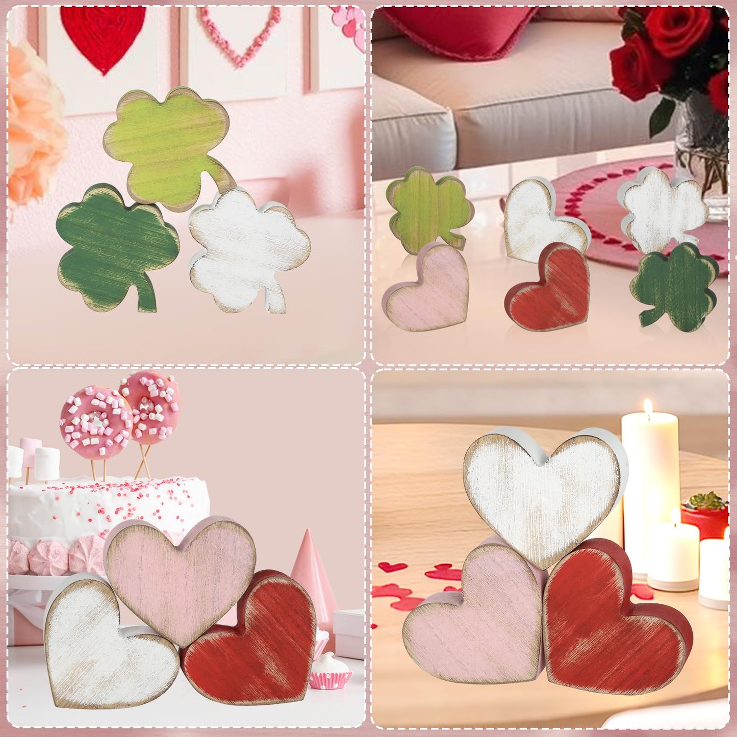 PAIVSUN 6Pcs Valentine's Day/St.Patrick's Day Tiered Tray Decorations, Double-Sided Distressed Heart and Shamrock Wooden Signs Clover Table Decor for Home Office Tabletop (Retro Mix)