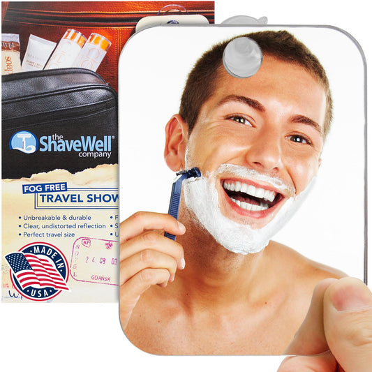 Shave Well Travel Anti-Fog Shaving Mirror | Portable Fogless Hanging Bathroom Shower Mirror with Handheld Option for Men and Women | Includes Long-Lasting Reusable Suction for Wall