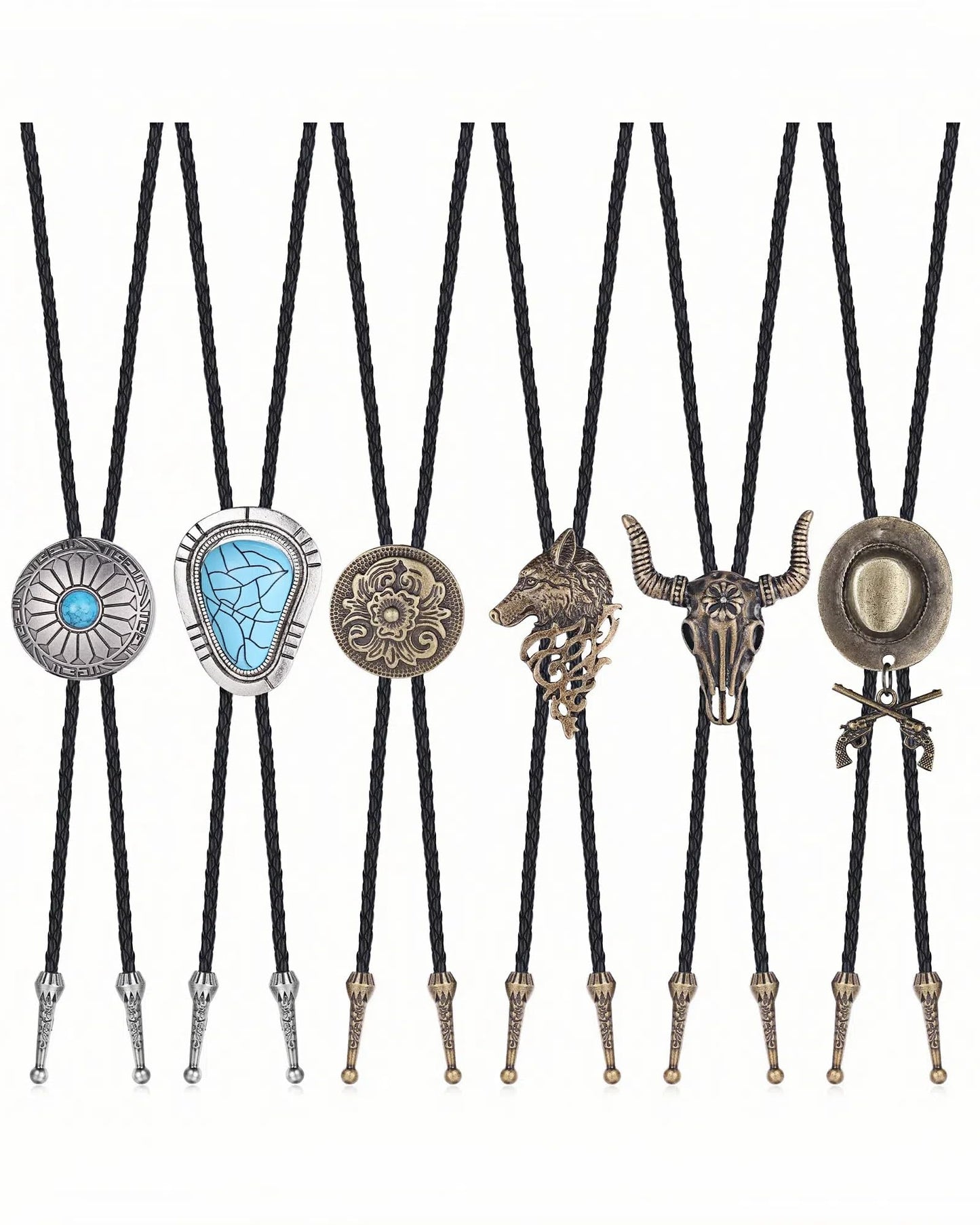 Subiceto 6Pcs Bolo Tie for Men Women Western Cowboy Natural Turquoise Tiger Eye Stone Handmade Shape Round Leather Necktie Vintage Native American Bola Tie Set Wolf