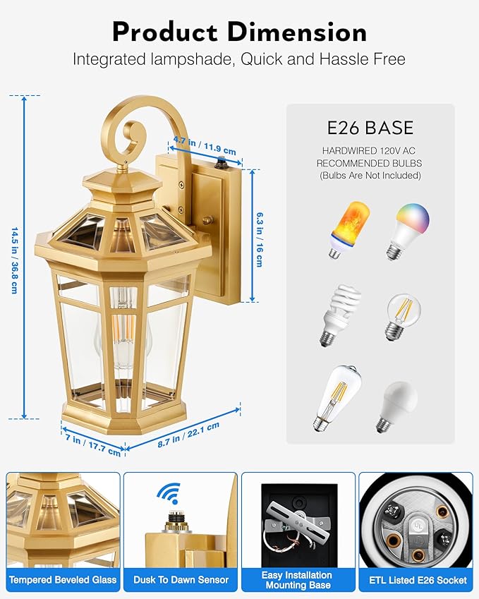 Porch Lights Outdoor, Dusk to Dawn Exterior Lighting Fixtures, Gold Wall Lanterns Wall Mount, Waterproof Anti-Rust Outdoor Sconce Lights for Garage, Patio Wall Light Fixture with Beveled Glass