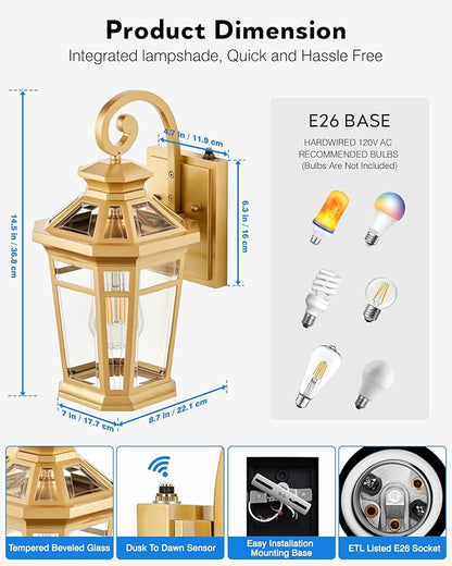 Porch Lights Outdoor, Dusk to Dawn Exterior Lighting Fixtures, Gold Wall Lanterns Wall Mount, Waterproof Anti-Rust Outdoor Sconce Lights for Garage, Patio Wall Light Fixture with Beveled Glass