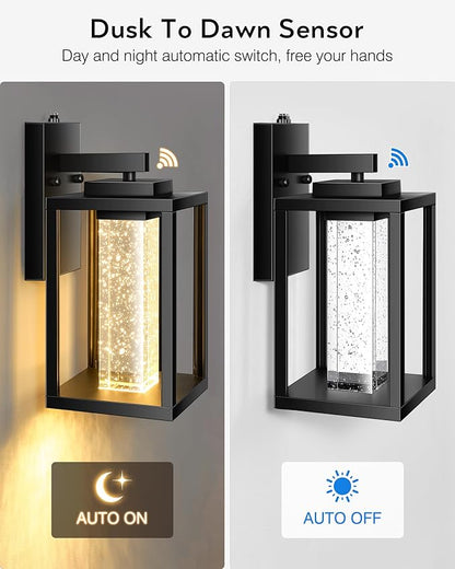 VIANIS Black Exterior Lighting Fixtures Wall Mount for House, 2 Pack Dusk to Dawn Outdoor Porch Light with Integrated 10W LED Light Source Crystal Bubble Glass, Anti-Rust Exterior Wall Sconce Lantern