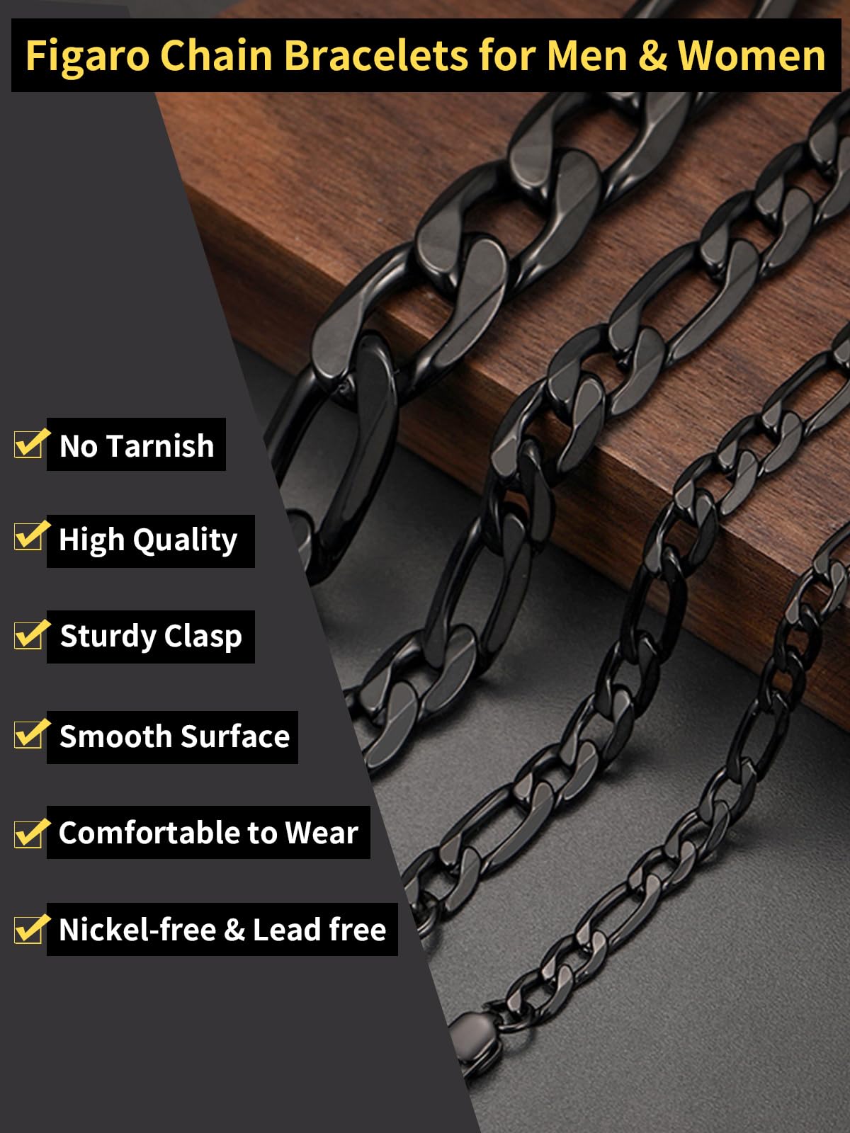 ChainsHouse Black Figaro Bracelet for Men Women, 13mm 7.5" Link Chain Bracelet Punk Hip Hop Jewelry Stainless Steel Figaro Bracelets