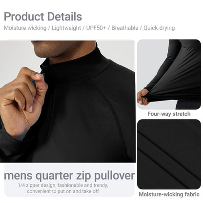 YEL Men's Long Sleeve Athletic Shirt 1/4 Pullover Zip Sun Protection Rash Guard UPF 50+ Golf Fishing Running T-Shirts Black