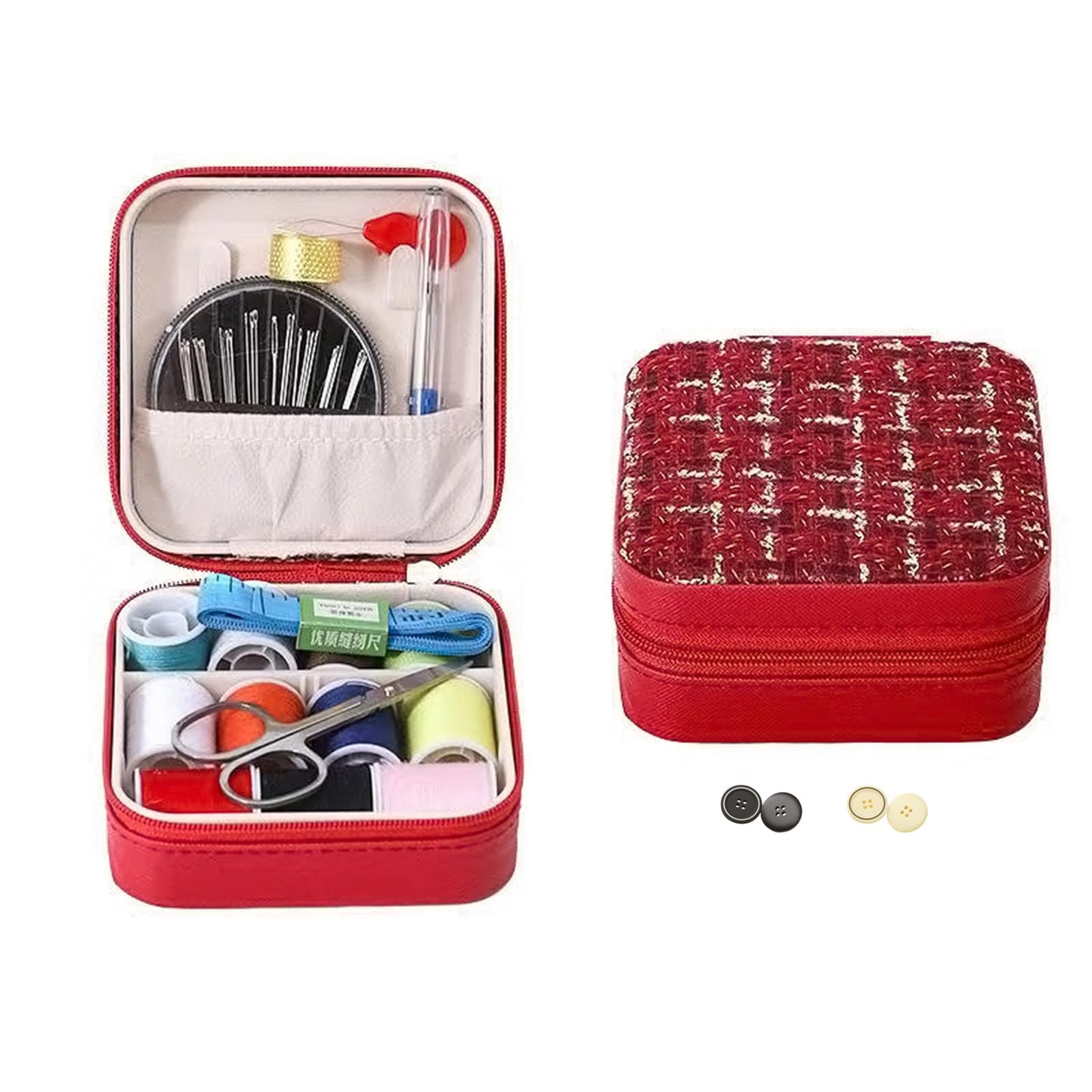 Mini Sewing Kit in Stylish Leather Case – Complete Set with Scissors, Needles, Thread, Needle Threader, Thimble & More – Perfect for Beginners & Travel (Red)