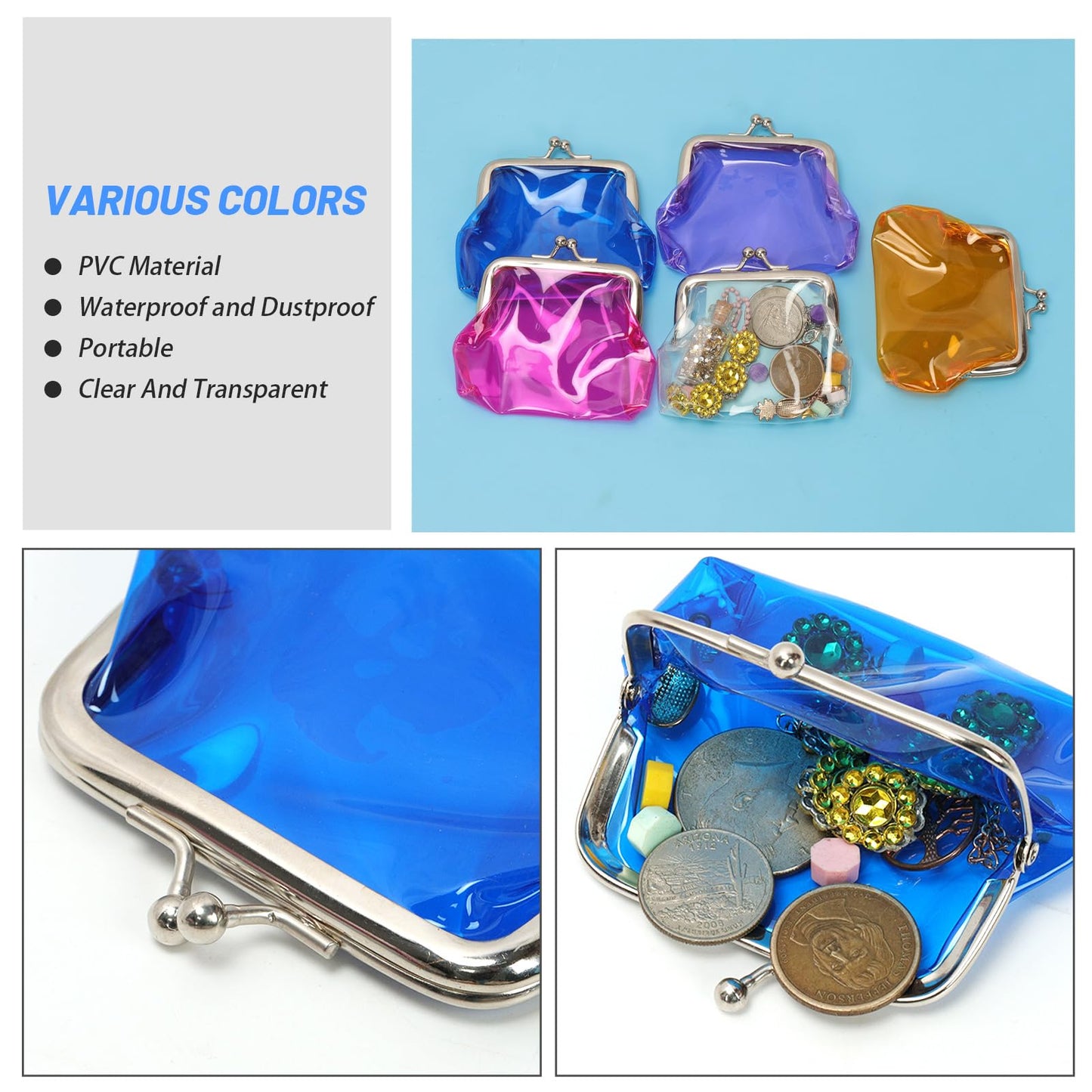Glarks 5pcs 100x80mm Transparent Change Purse, 5 Colors Clear Coin Purse, Lock Clear Change Pouch, Waterproof PVC Jelly Wallets for Carrying Your Change Cards, Earphone, Keys