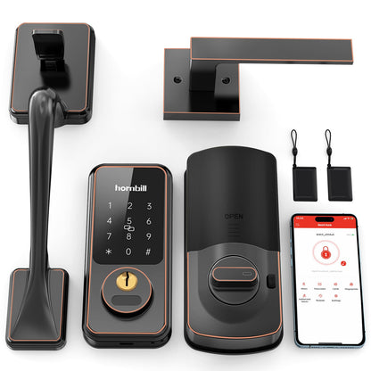 Keyless Entry Door Lock with Handles, Hornbill Smart Front Door Lock Set, Alexa Front Exterior Door Set, Digital Touchscreen via Bluetooth APP/Keyfob/Key-Matte Black(Not Compatible Gram/Screen Door)