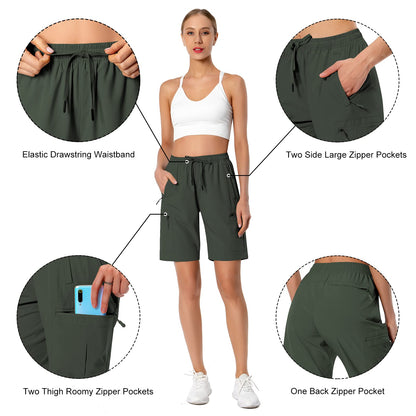 Hugut Women's Lightweight Hiking Cargo Shorts Quick Dry Athletic Shorts Camping Travel Golf Zipper Pockets Water Resistant Army Green