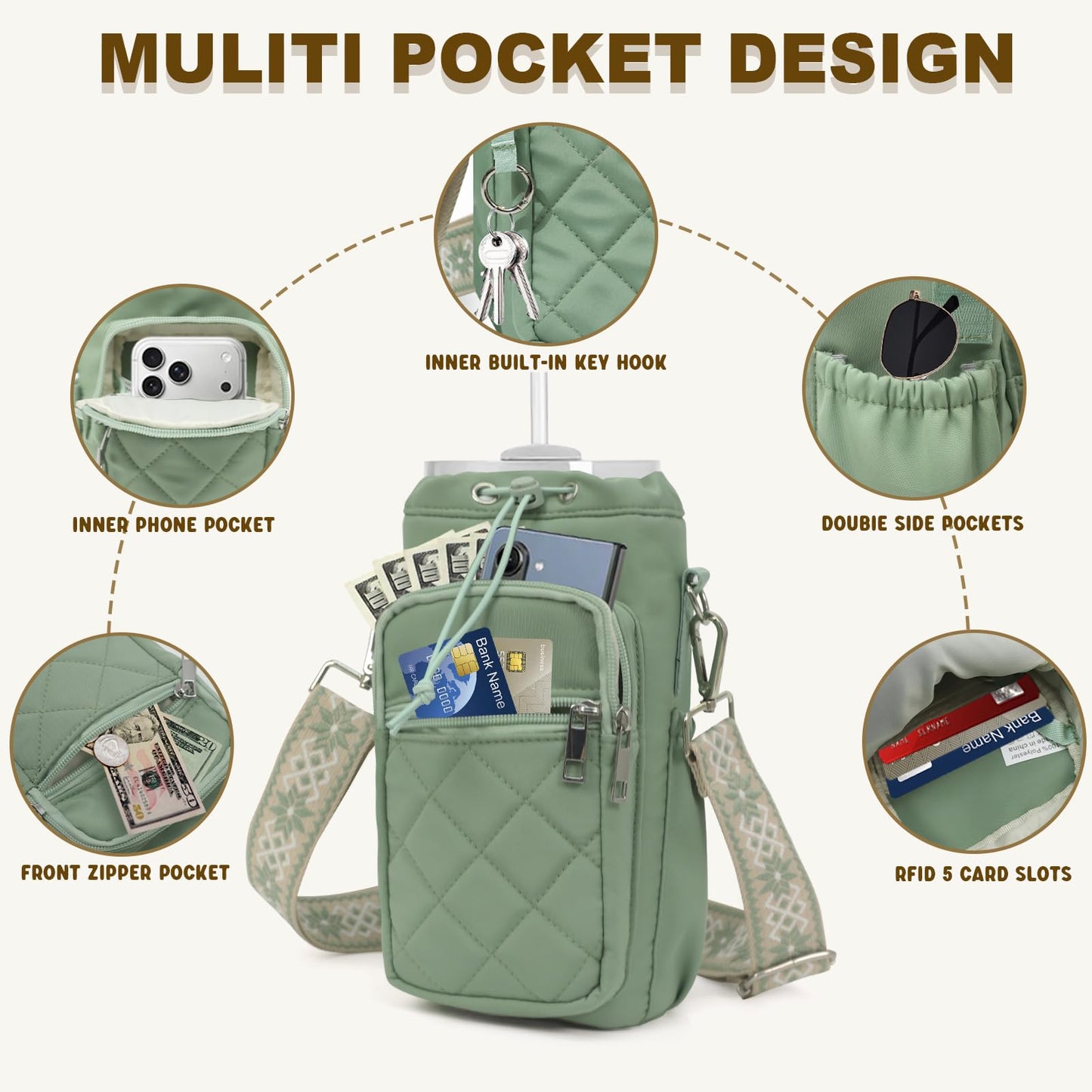 LLParty Water Bottle Holder with Strap, 32oz 40oz Insulated Water Bottle Carrier Bag, Purse Crossbody Sling Bag with Phone Pocket for Walking Hiking, Sage Green