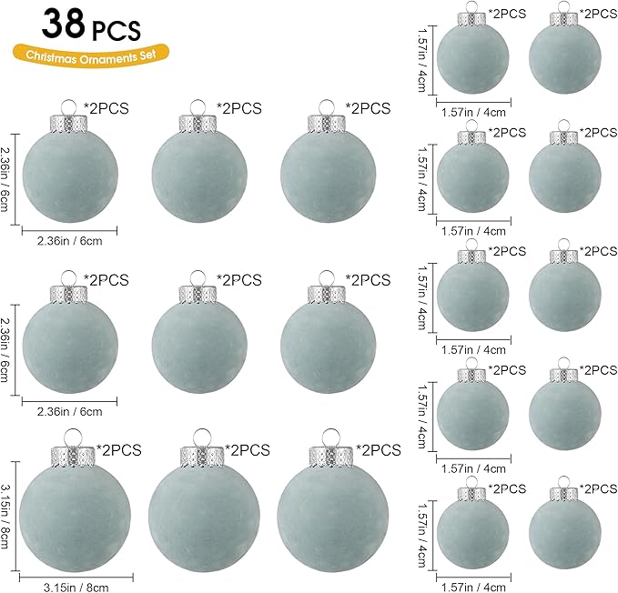 Velvet Christmas Ornaments Set 38Pcs Flocked Shatterproof Christmas Ornaments for Christmas Tree Decorations Xmas Decorative Hanging Christmas Ball Ornaments for Holiday Home Decor