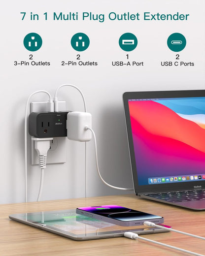 Cruise Ship Essentials, Travel Power Strip - Outlet Extender with 4 AC Outlets 3 USB (2 USB C), No Surge Protector Cruise Approved for Carnival, Royal, Multi Plug Adapter for Cruise Travel Essentials