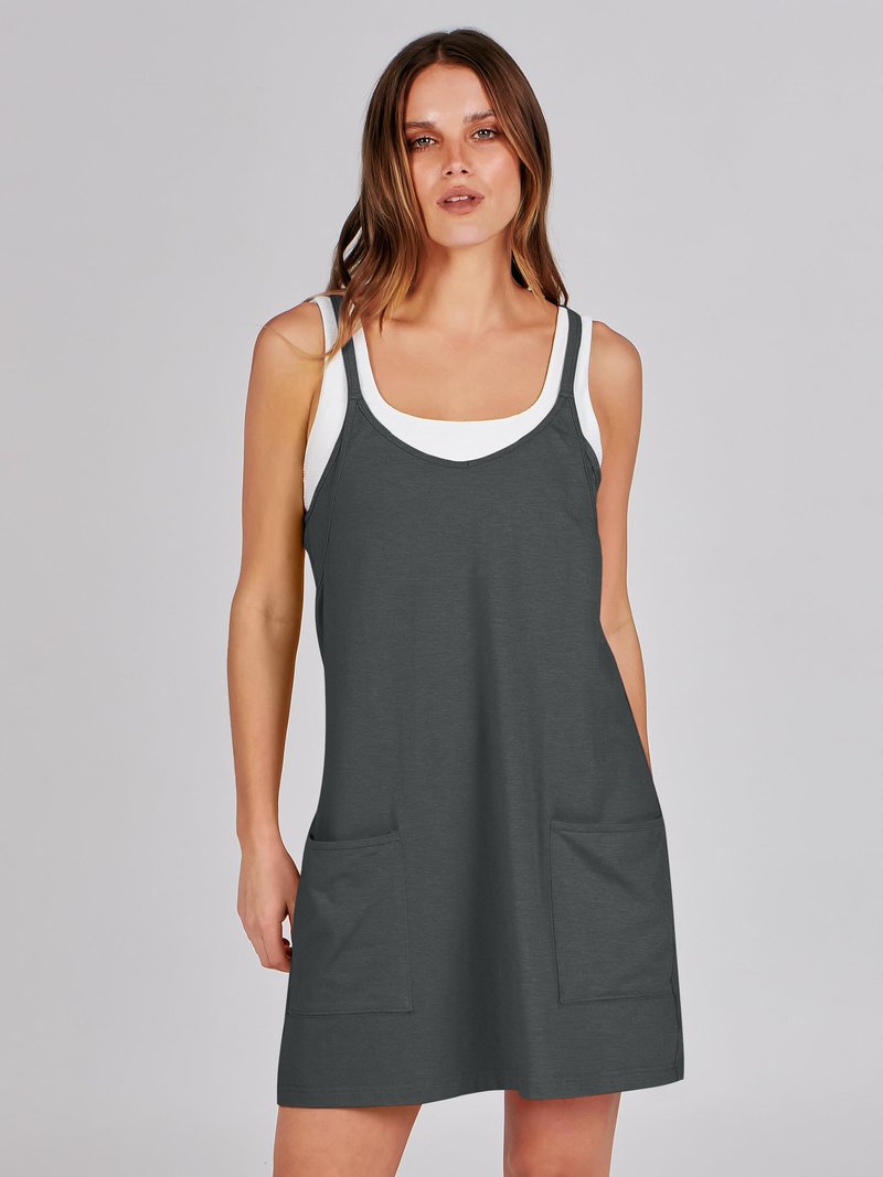 ANRABESS Women Athletic Dress Summer Tennis Workout Active Sports Mini Romper Dress Built in Shorts Travel Vacation Clothes Deep Gray Small