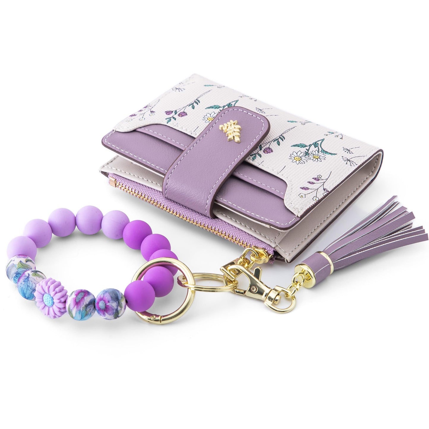 Tomolucky Direct Small Wallets for Women RFID Blocking Leather Bifold Zipper Pocket Keychain Wallet with Bracelet Flower Pattern ID Window Credit Card Holder Purse (Flower, Purple)