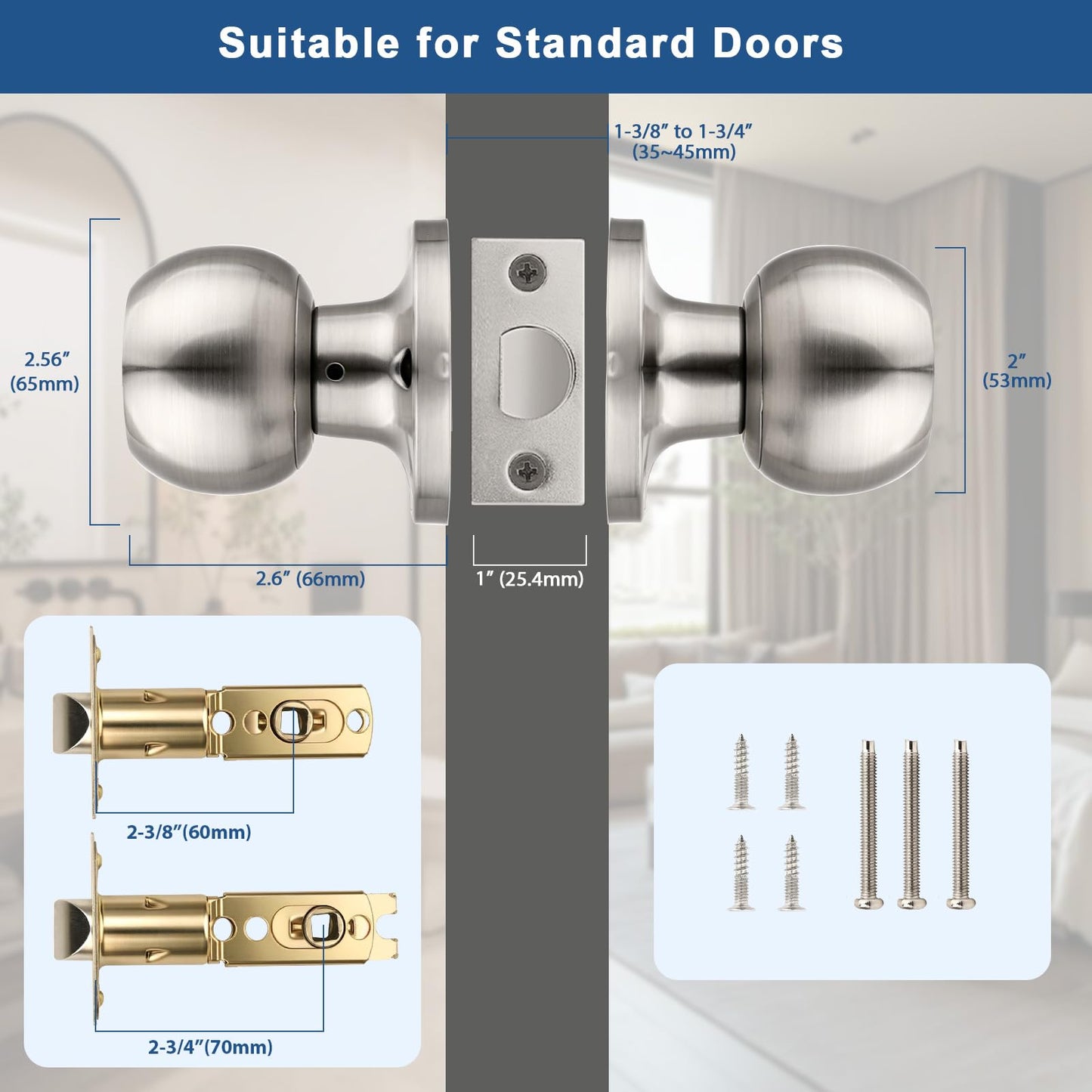 Knobonly 2 Pack Privacy Door Knobs Satin Nickel, Keyless Door Knobs Interior for Bedroom and Bathroom, Round Door Handles Stainless Steel, Classic Design