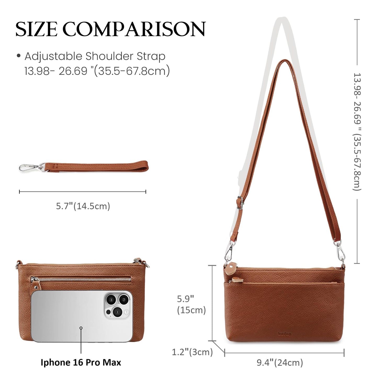 befen Leather Wristlet Wallets for Women, RFID Blocking Small Crossbody Bags, Women Leather Purses Handbags Shoulder Bag Clutch Purse with Adjustable Shoulder Strap and Wrist Strap, Deep Brown