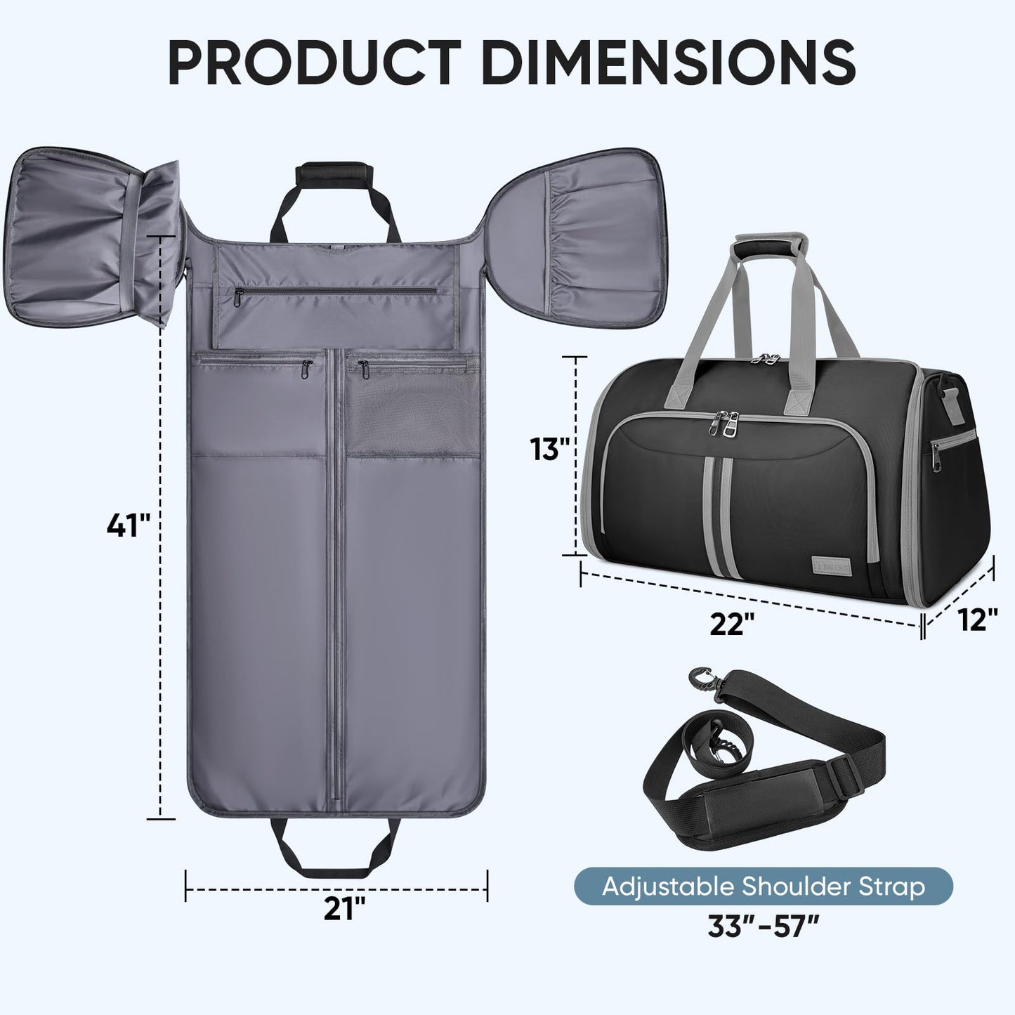 BALEINE Travel Garment Bag, Travel Suit Bag for Men, Water Resistant Carry on Garment Bag for Hanging Clothes, Garment Duffel Bag for Travel Business (Black-Convertible)