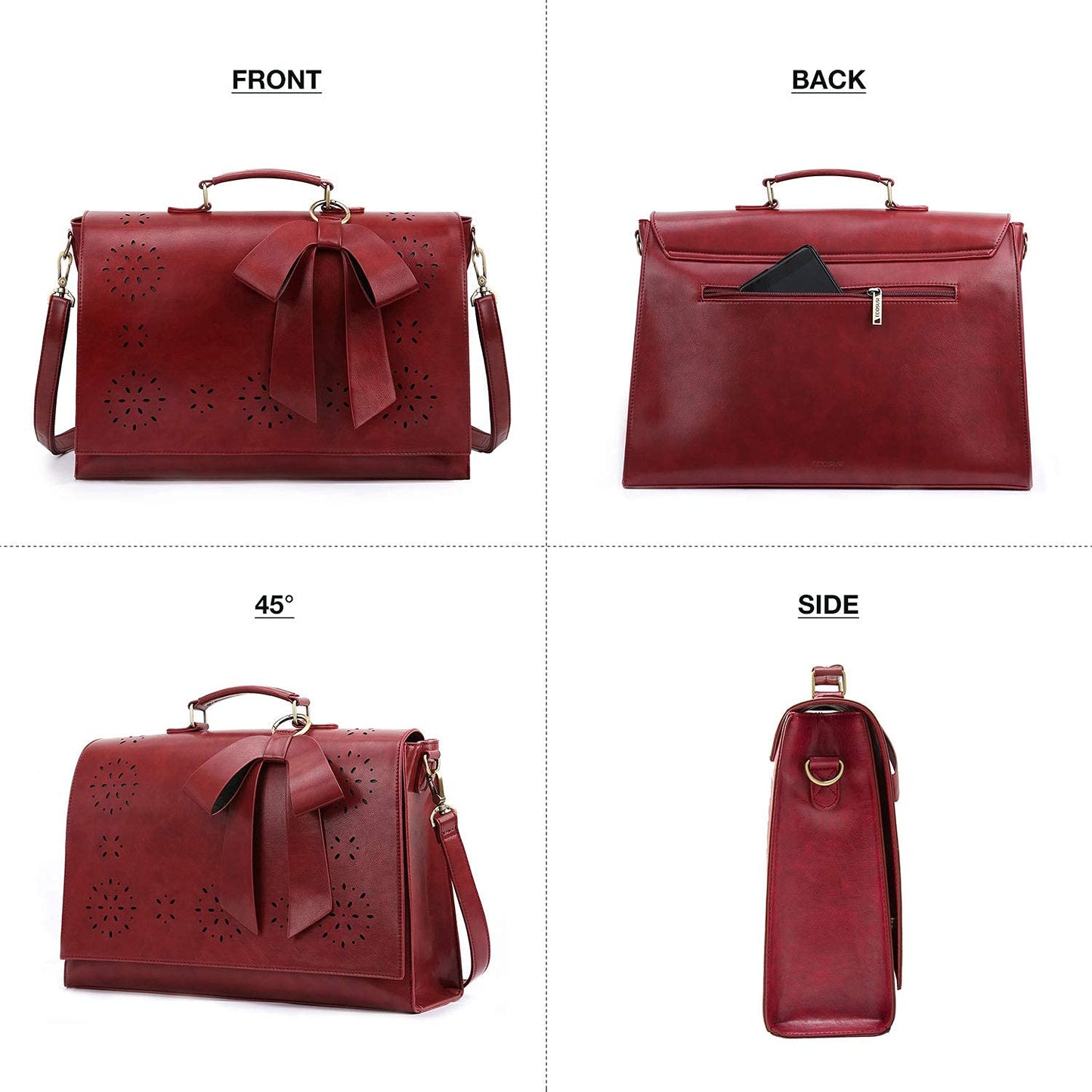 ECOSUSI Women's Briefcase Vegan Leather 15.6 inch Laptop Bag for Work Computer Shoulder Satchel Bag with Detachable Bow, Red