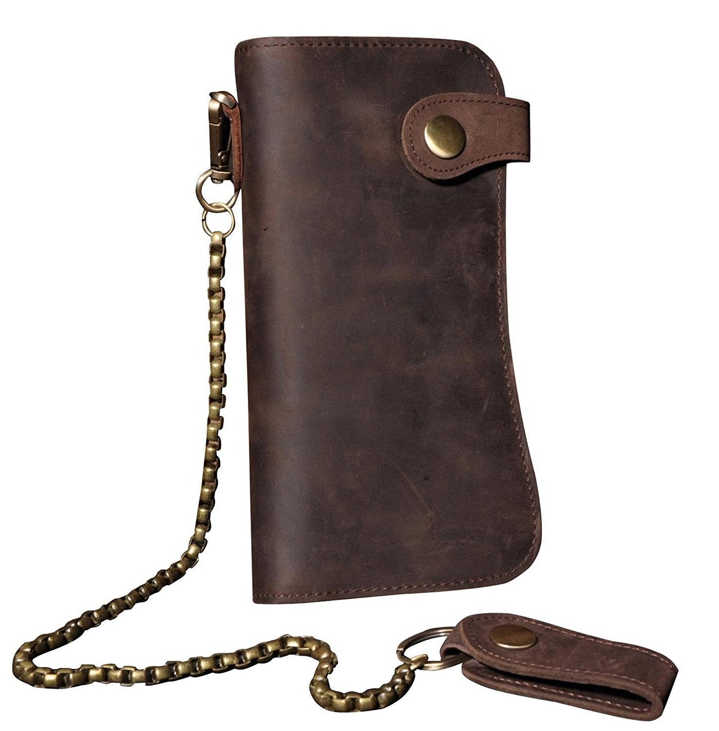 RS Mens Wallet with Chain Leather Long Bifold Trucker Wallet Vintage Biker Money Clip with Zipper(Brown w/Iron Chain)
