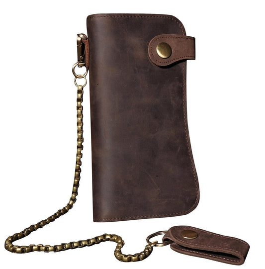 RS Mens Wallet with Chain Leather Long Bifold Trucker Wallet Vintage Biker Money Clip with Zipper(Brown w/Iron Chain)
