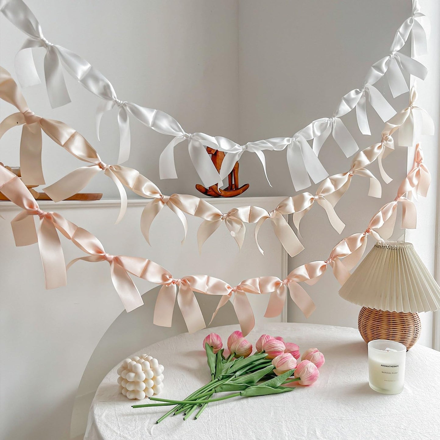Eanjia Pre-Assembled White Bow Garland - 6ft Elegant Church Wedding Decor, Baby Shower Banner & Bridal Shower Backdrop, Thick Satin No DIY Needed! Baby Room Bed Decor (White, 6ft)