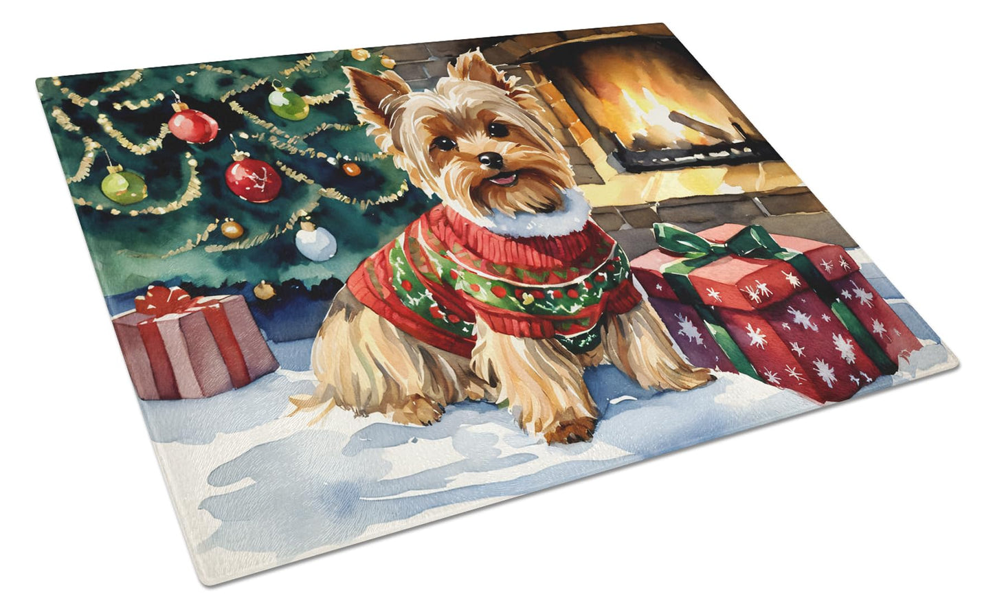 Caroline's Treasures DAC2768LCB Yorkshire Terrier Cozy Christmas Glass Cutting Board Large Decorative Tempered Glass Kitchen Cutting and Serving Board Large Size Chopping Board