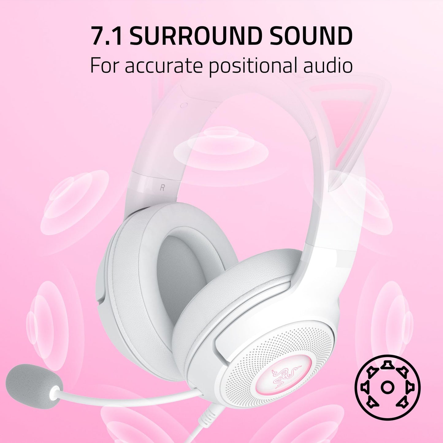 Razer Kraken Kitty V2 USB Wired Headset: Chroma RGB Kitty Ears - Stream Reactive Lighting - HyperClear Cardioid Mic - 40 mm Drivers - 7.1 Surround Sound - Comfortable Ear Cushions - White