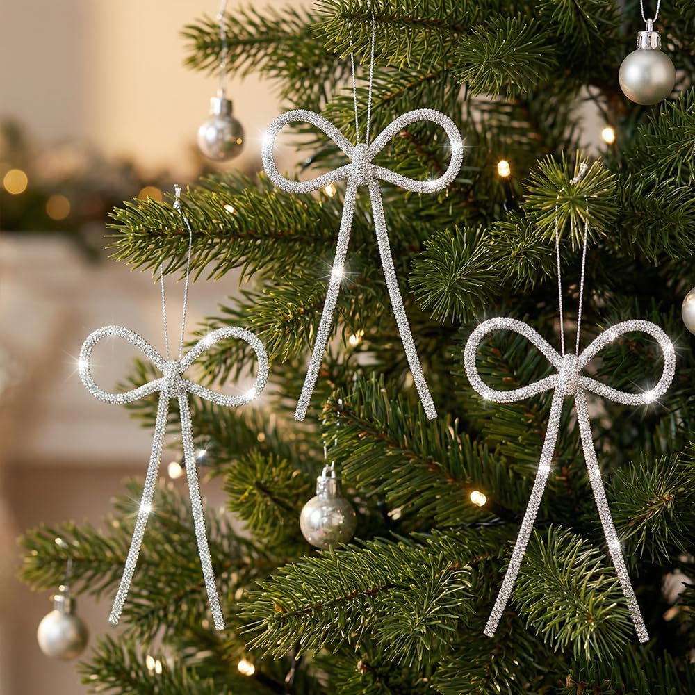 XMIAOX 3 Pcs Handmade Rhinestone Bow Christmas Ornaments, Sparkling Shapeable Bows for Holiday Tree, Wreath & Gift Wrapping, Reusable Holiday, Home, Party Décor (Silver, Small)