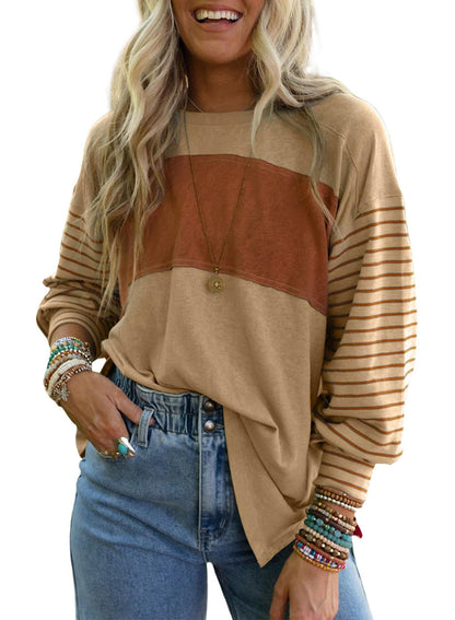 Dokotoo Long Sleeve Tops Oversized 2025 Trendy Round Crew Neck Casual Color Block Womens Shirts Blouses