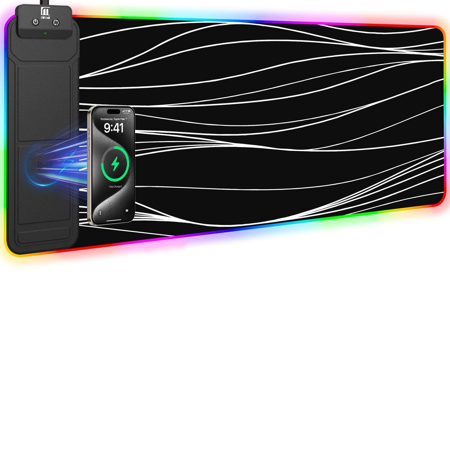 Mouse Pad with Wireless Charging, Large Desk Mat RGB Gaming Mousepad, 10 Light Colors LED Gaming Pad Keyboard Pad with Ultra-Smooth Surface & Non-Slip Rubber Base, Waterproof Full Desk Mouse Pad