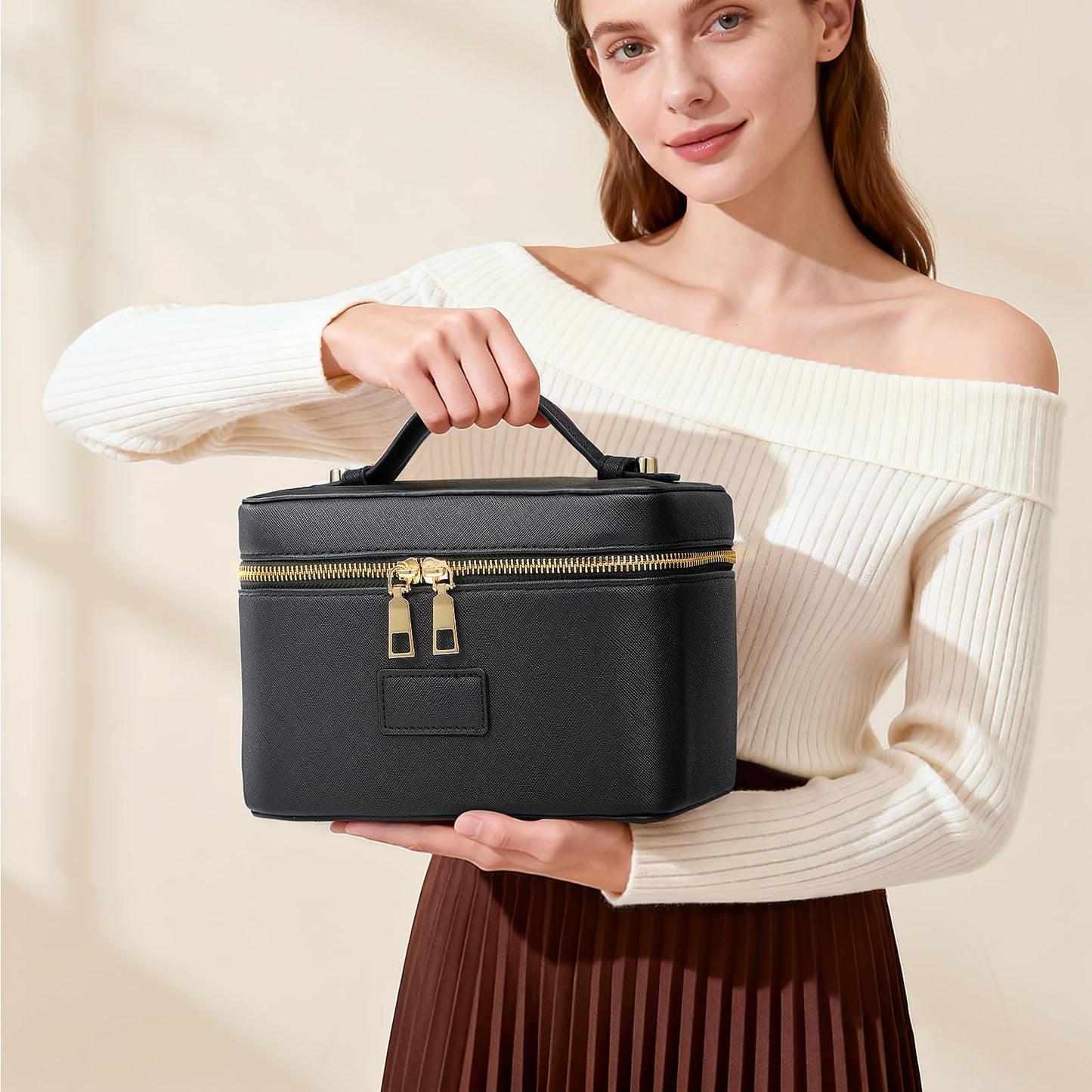 Tawd Makeup Bag Vanity Case with Removable Organizer Divider Waterproof Leather Portable Cosmetic Bag Travel Toiletry Bags Makeup Organizer Case