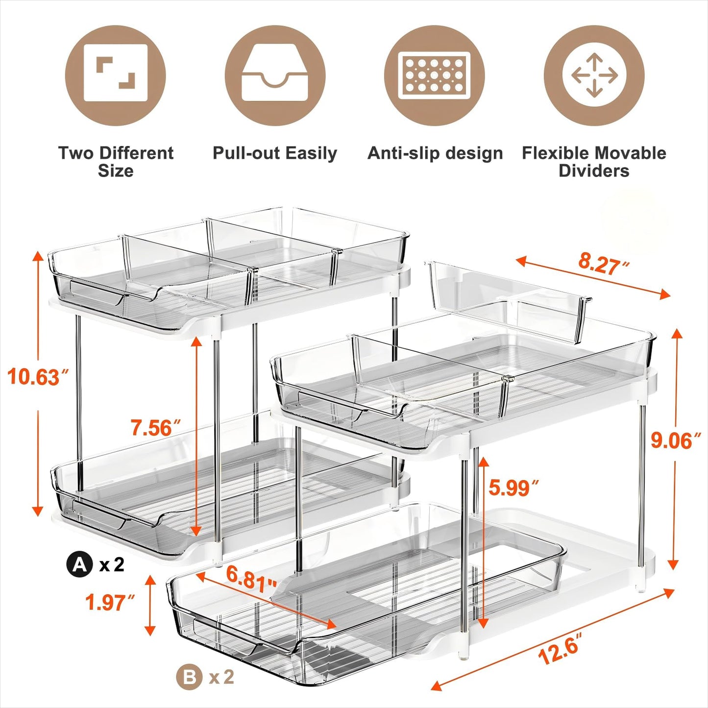 Delamu 2-Tier Multi-Purpose Bathroom Under Sink Organizers and Storage, Stackable Kitchen Pantry Organization, Pull Out Medicine Cabinet Organizer with Movable Dividers, White, 2 Pack