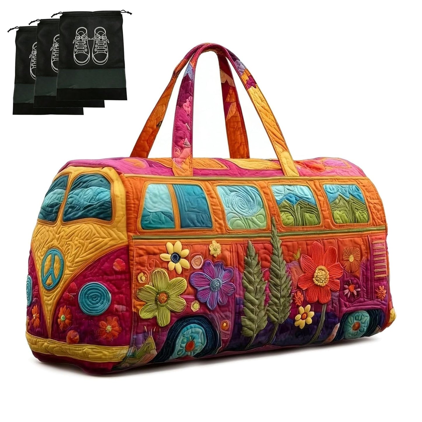 Unisex Boho Quilted Weekender Bag – Lightweight, Free-Spirited, Ready to Wander, Large Hippie Journey Travel Duffle With 3 Shoe Bags, Vintage Floral Luggage for Gym, Yoga & Carry-on (Q, 16*8*8 IN)