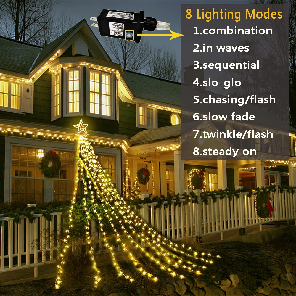 Aokudoni Christmas Lights Outdoor 12.6 ft 8-Lighting Modes Waterfall Xmas Lights Outdoor Christmas Decorations for Yard Tree House Holiday Party, Warm White