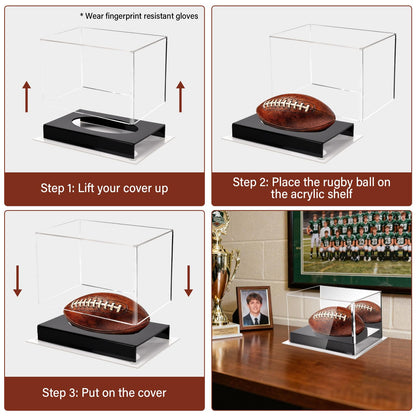 AZM Displays Mini Football Display Case – Clear Acrylic Box with Black Base & Mirror Back | No Assembly Required | Protective Showcase for Autographed & Collectible Mini Footballs