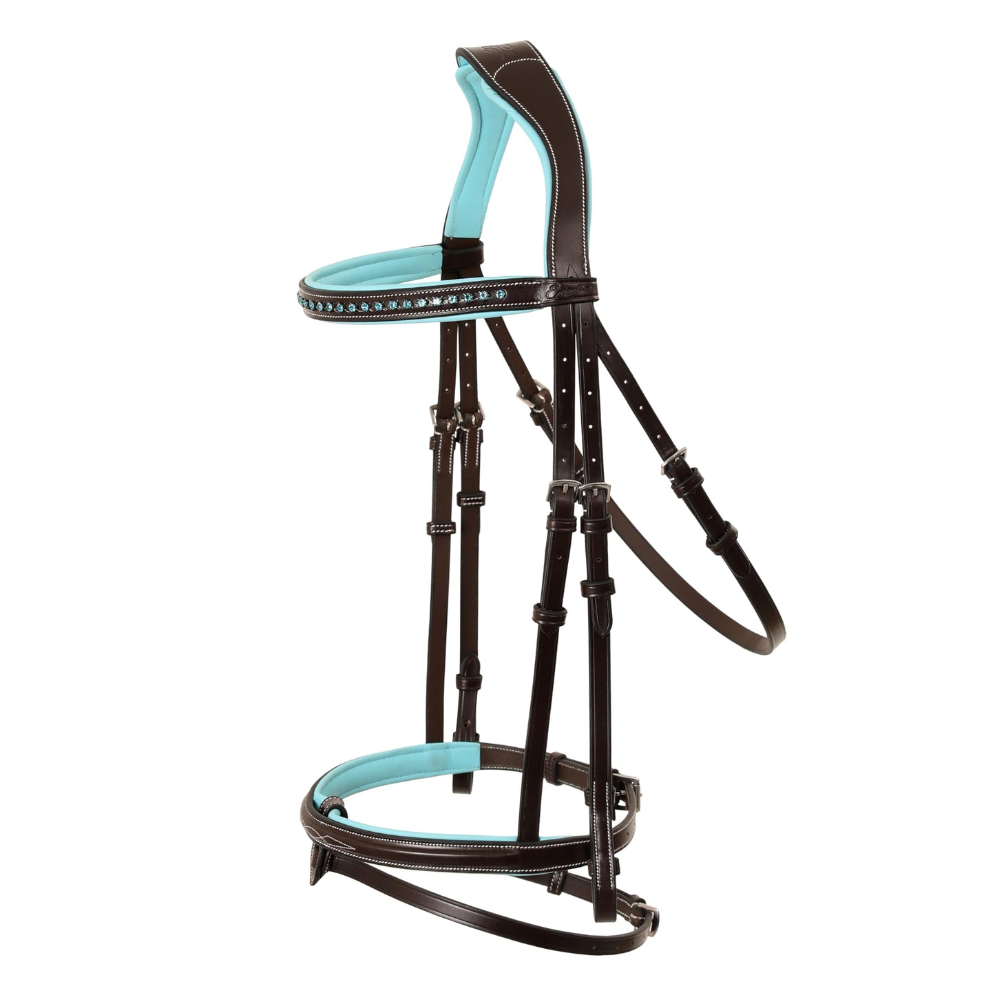 ExionPro Anatomical English Horse Bridle with Blue Crystal Bling Browband- Baby Blue Padded Jumping Bridle with Flash Noseband & Rubber Reins- Comfort Crown - Black or Havana Brown - Full