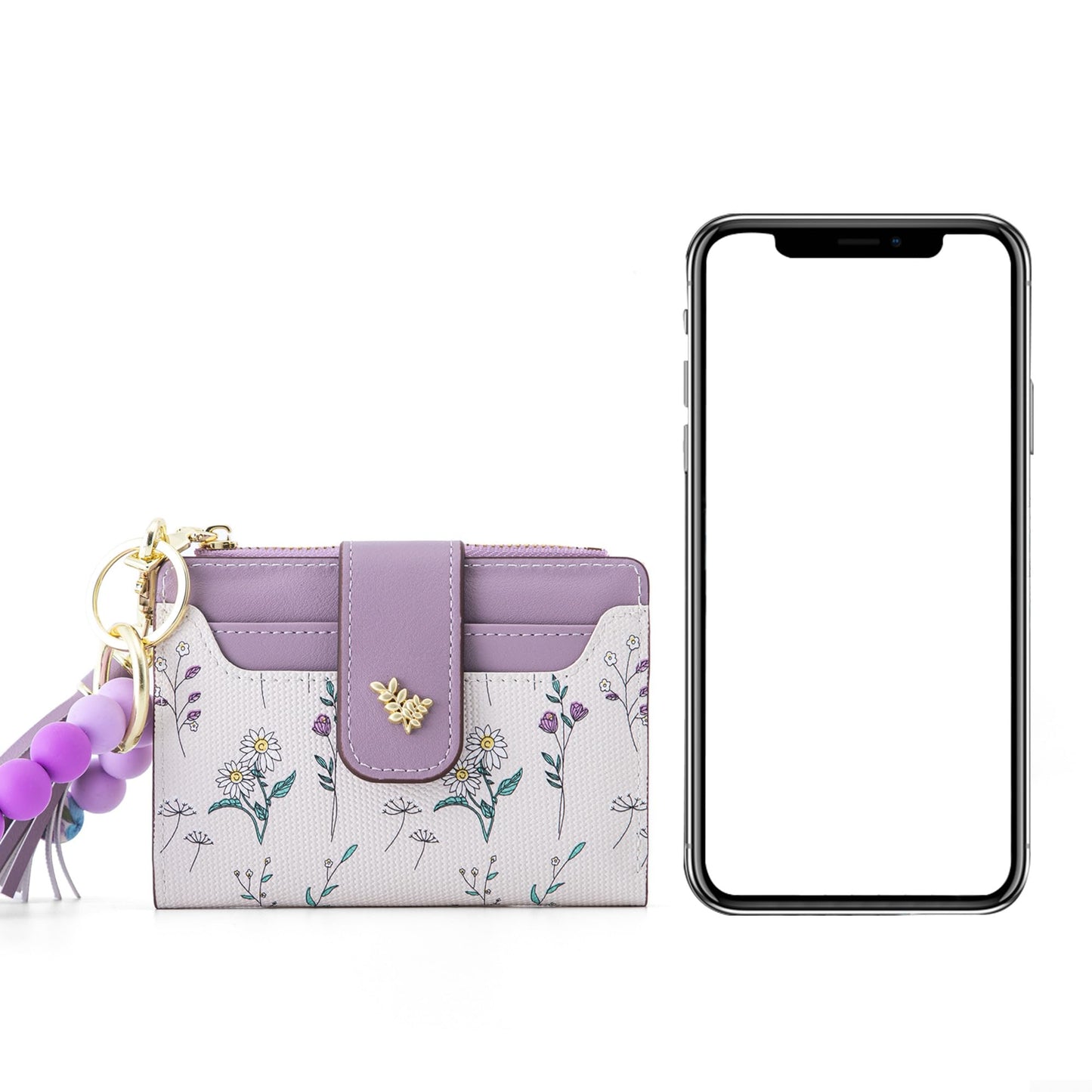 Tomolucky Direct Small Wallets for Women RFID Blocking Leather Bifold Zipper Pocket Keychain Wallet with Bracelet Flower Pattern ID Window Credit Card Holder Purse (Flower, Purple)