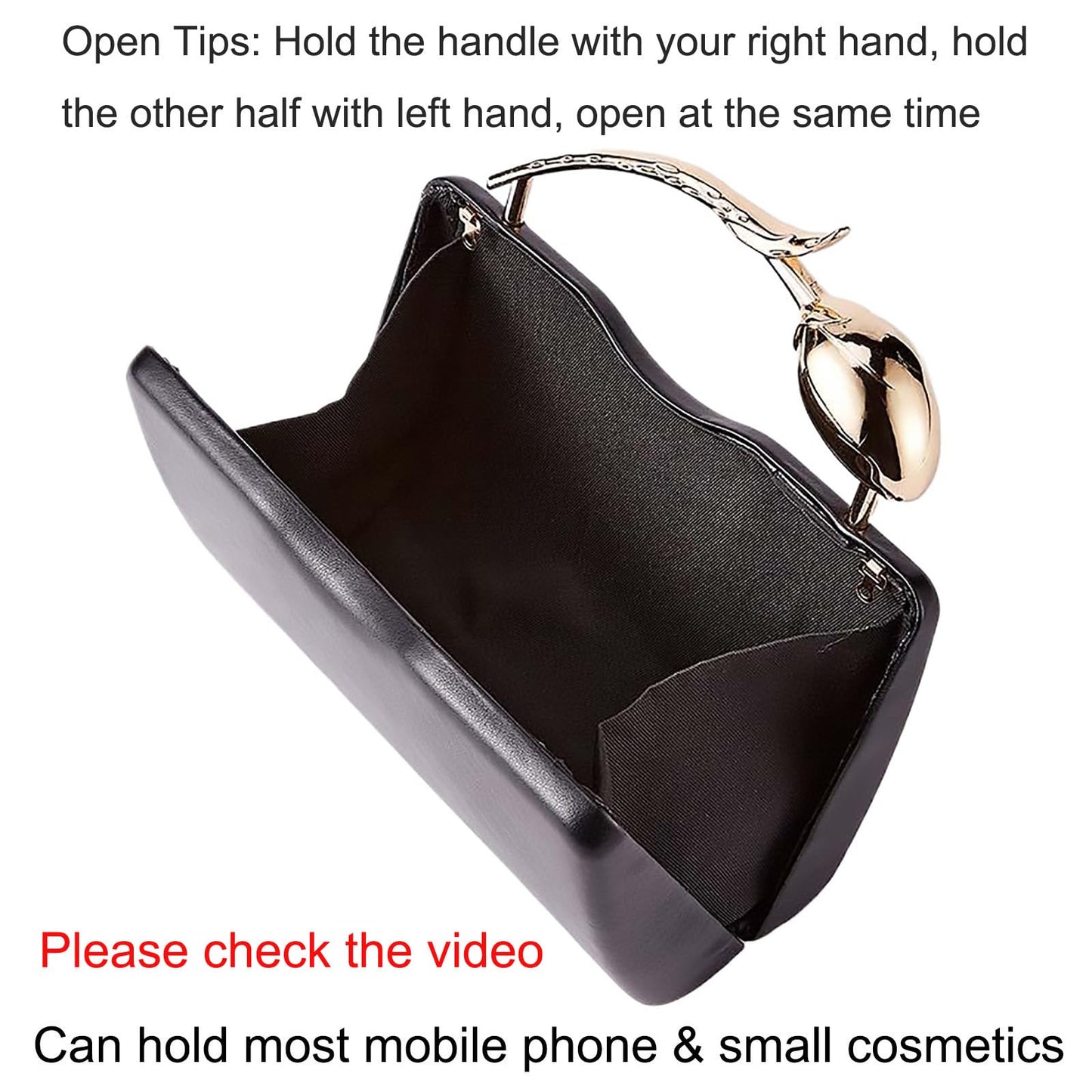 louceko PU Leather Handbag Detachable Chain Crossbody Shoulder Evening Bag Clutch Purse for Women Formal Wedding Party Prom, Metal Rose Handle, Black, 2510