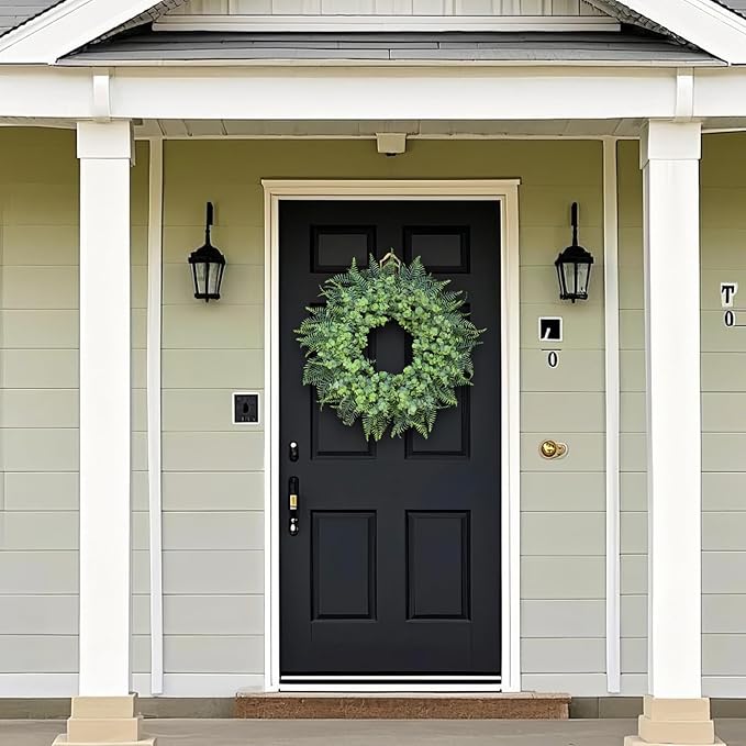26'' Eucalyptus and Boston Ferns Wreath for Front Door - Large Artificial Greenery Outdoor Wreath for Porch,Window,Farmhouse,Home,Hanging Decor- Spring, Summer, All Seasons (Gray-Green)