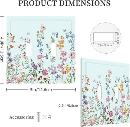 Rustic Wild Floral Vintage Blue Watercolor Flower Double Toggle Light Switch Covers Decorative Unique 2 Gang Wall Plate Dual Electrical Faceplate Switchplate for Bathroom Bedroom Decor