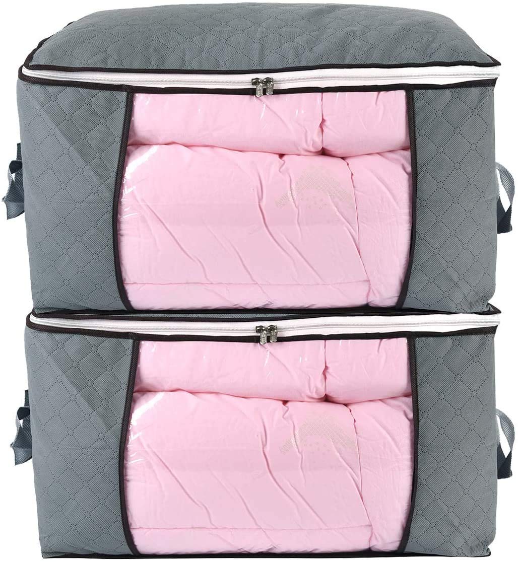 combocube Comforter Storage Bag, Jumbo Zippered Bag with Large Clear Window and Carry Handles, Space Saver Organizers for Closet, Blanket, Pillow, Quilt, Bedding, Clothes (2Pcs Grey Large)