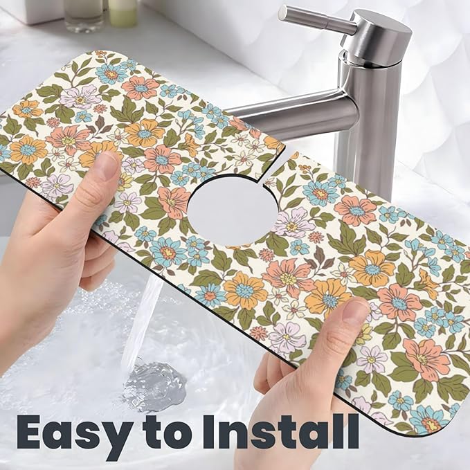 Faucet Draining Mat For Kitchen Sink, Colorful Flowers Floral Diatom Mud