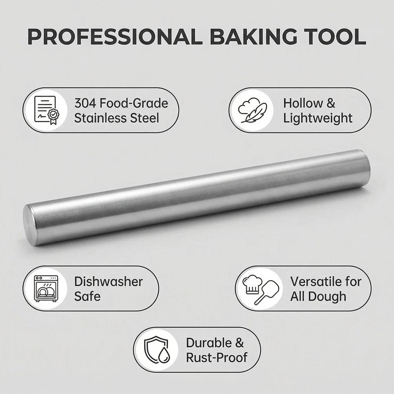 Stainless Steel Hollow Rolling Pin - Professional Metal Dough Roller for Baking Pizza, Pie, Cookies, Dumplings - Non-Stick & Dishwasher Safe