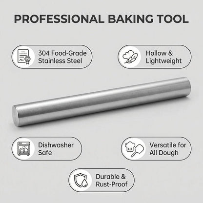 Stainless Steel Hollow Rolling Pin - Professional Metal Dough Roller for Baking Pizza, Pie, Cookies, Dumplings - Non-Stick & Dishwasher Safe