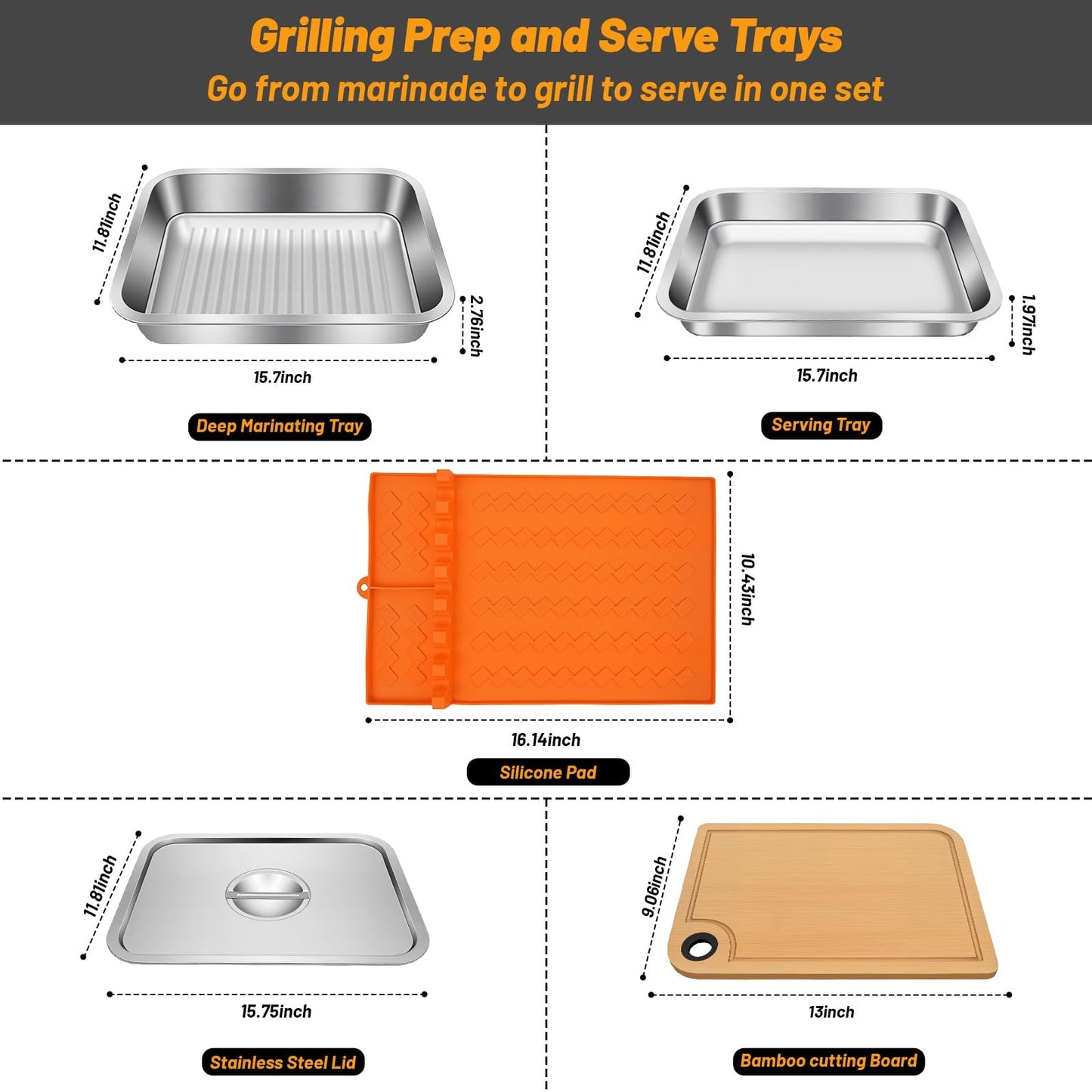 Grilling Prep and Serve Trays, Set of 5 Stackable Stainless Steel BBQ Trays with Lid & Cutting Board & Silicone Mat, Deep Marinating Container, Serving Platter for Plating Food, Large BBQ Prep Tub