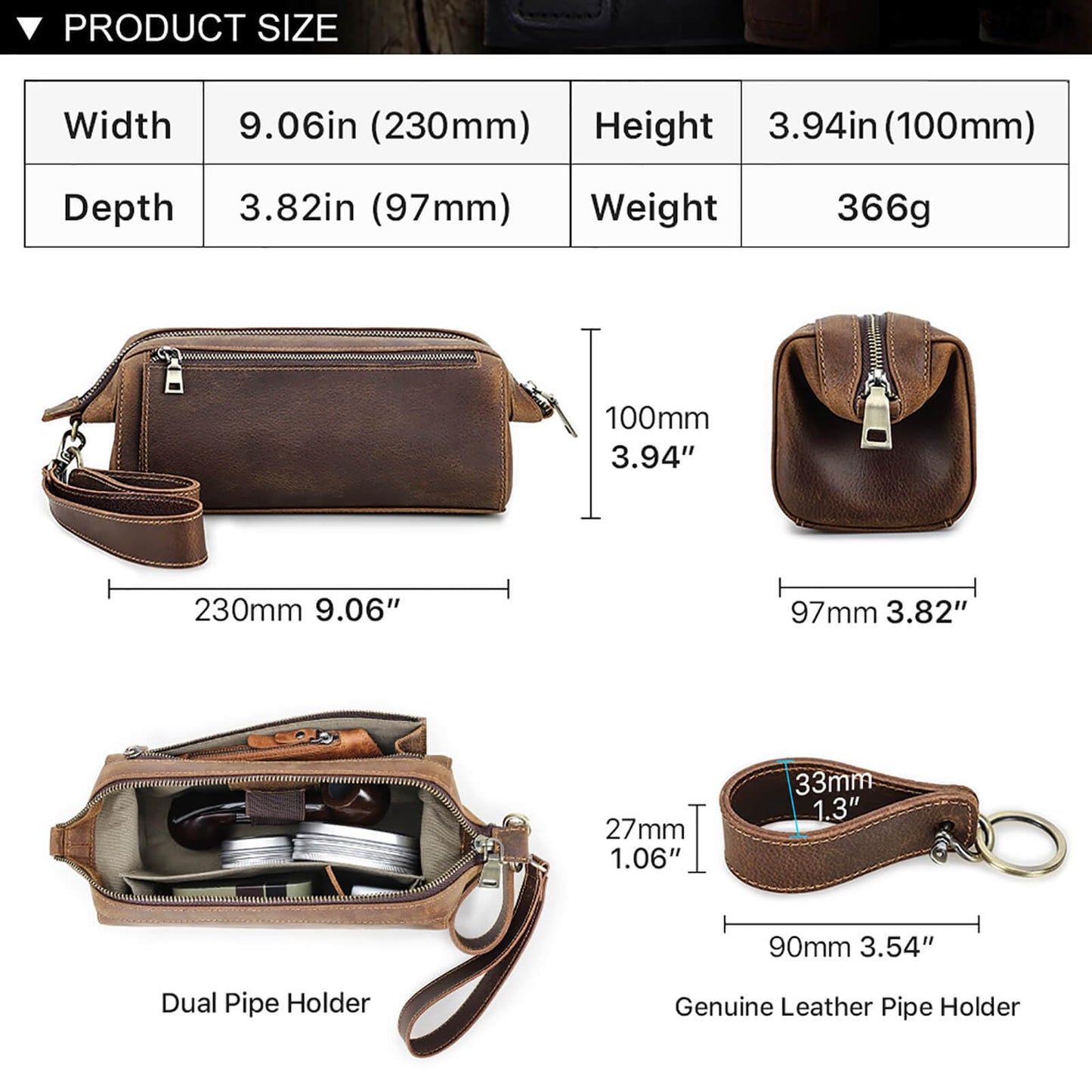 Hiram Handcrafted Travel Pipe Tobacco Pouch Pipe Support Stand Full Grain Leather Smoking Pipe Accessories Organizer for 2 Pipes,Lighters,Cigarette Accessories（only pouch case）
